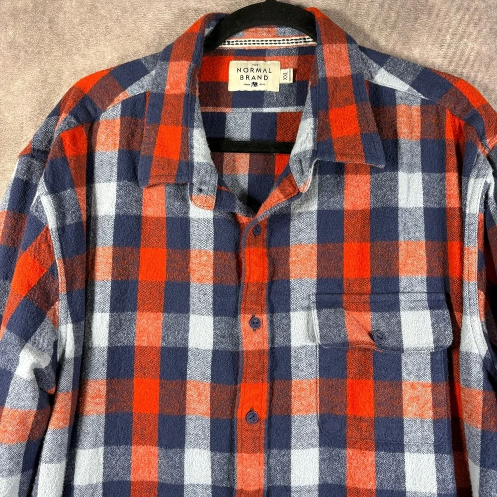 The Normal Brand Flannel Shirt Mens Size 2XL Blue Orange Plaid Button‎ Up Casual